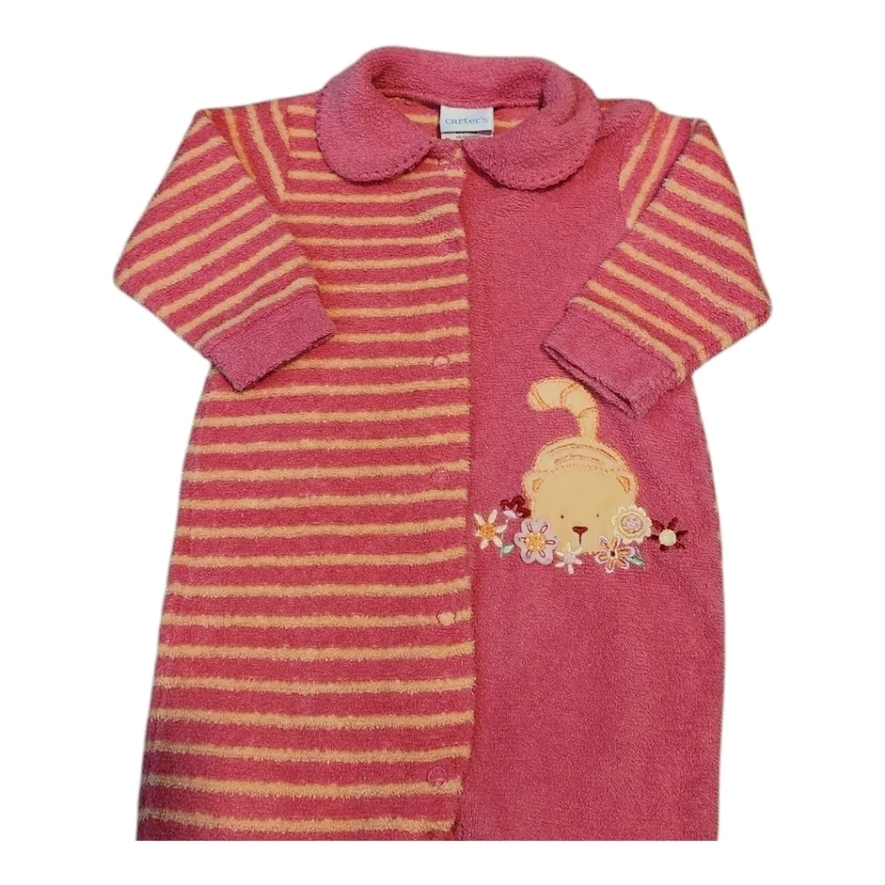 Vintage Carter's Terry Baby Girl Pink Snap Up Cat Footed Outfit Size 3-6 Months